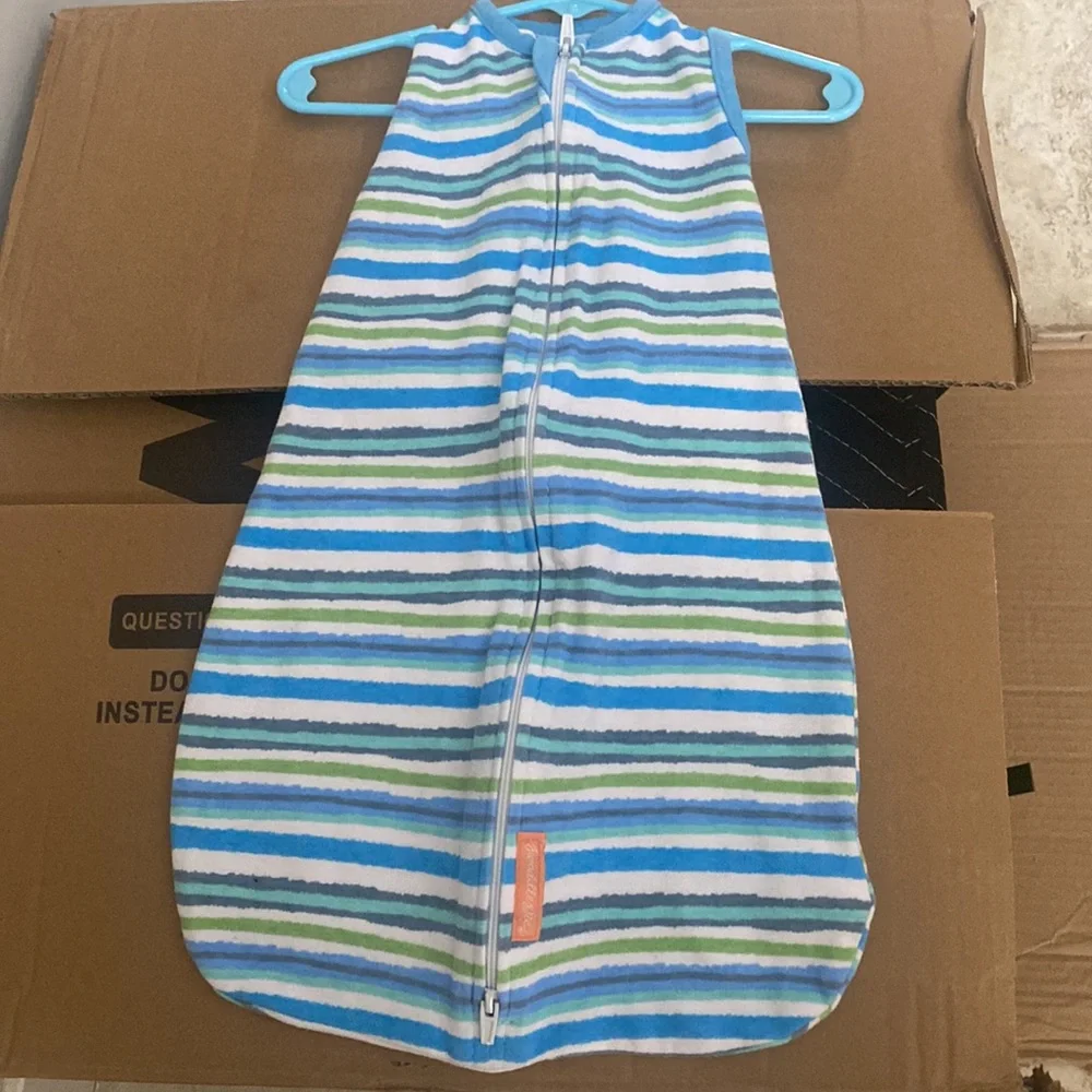 SwaddleMe Sleeveless Blue Green White Striped Zip Up Sleep Sack Swaddle SM